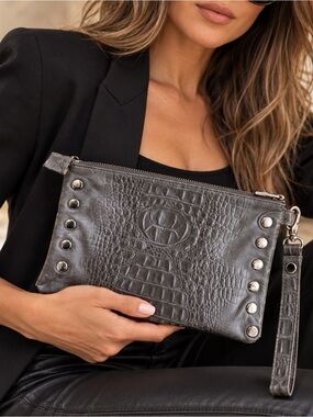 Hammitt Gray Leather Croc Embossed Studded Clutch Wristlet Pouch